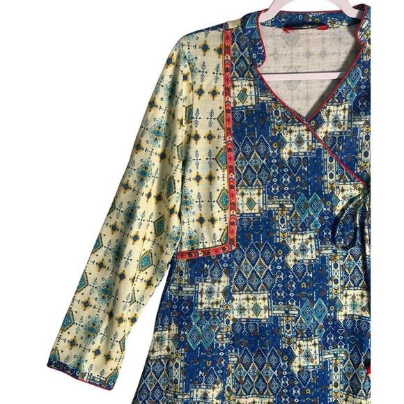 Paislei Sz 2X Long Sleeve Maxi Dress Geometric Aztek Mix Media Faux‎ Wrap Boho - Picture 7 of 11